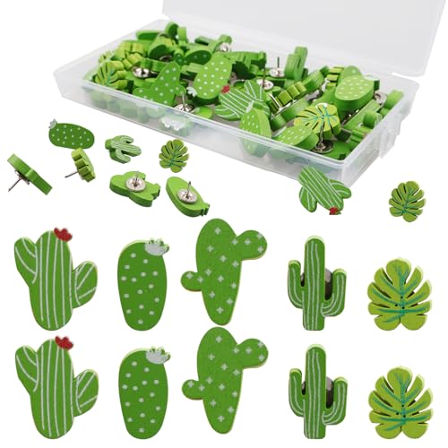 XIANJIA 50 Pièces Punaises Cactus en Bois, Lot de Punaises Murale Tableau Liège, Punaise Décoratives Forme Cactus, Thumbtacks Mignons pour Tableau À...
