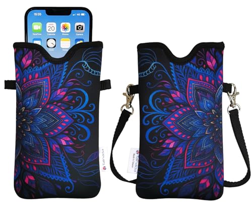 Pochette téléphone néoprène motif lotus pour garder les mains libres en voyage ou en balade