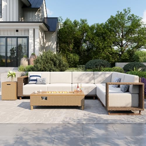 Image of MIXPATIO Patio Sectional Furniture Set with Fire Pit, 6 Seats Outdoor Wicker Sofa, Yellow Rattan Modular Conversation Sets with 10 inch Thick Cushions, L Shape Low Profile Lawn Deck Garden Furniture