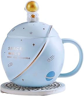 NYRWANA DELIVERING SMILES IN INIDA 3D Creative Astronaut Universe Planet Mug with Lid Spoon Ceramic Coffee Mugs for Home Office Tea Cup Drinkware Gift (Light Blue)