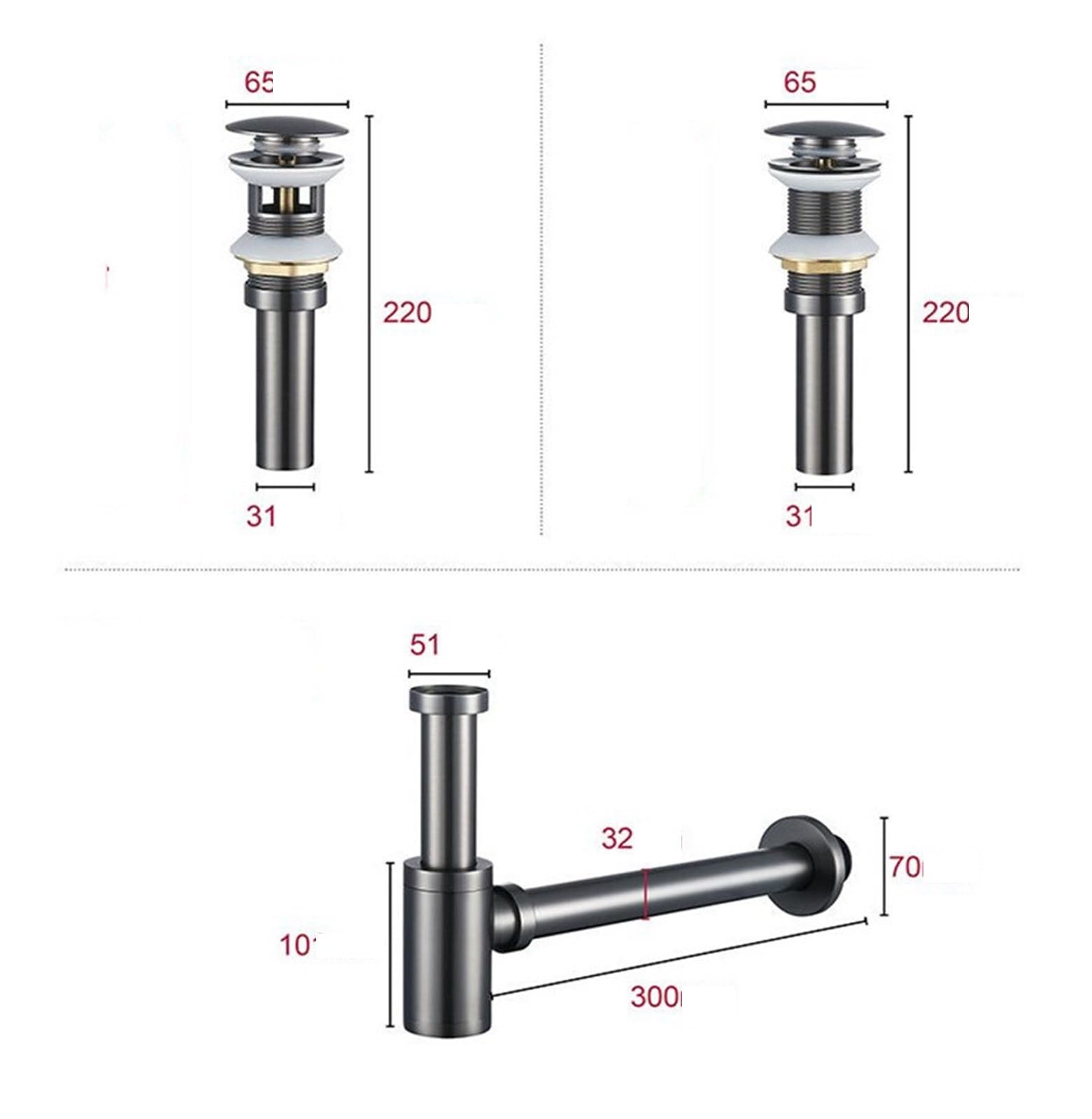 Ensemble de canalisations grises, Siphon rond en laiton, salle bains, vanité, tuyau lavabo, déchets avec pistolet vidange Pop-Up, 1 pièces Pour Bain(Black-1)