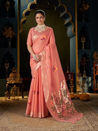 Image of MADHUHANSH Women's Cotton Linen Saree with Unstitched Blouse Piece and Floral Printed Pattern | Women Saree for Special Occasion | Stylish Modern Sarees