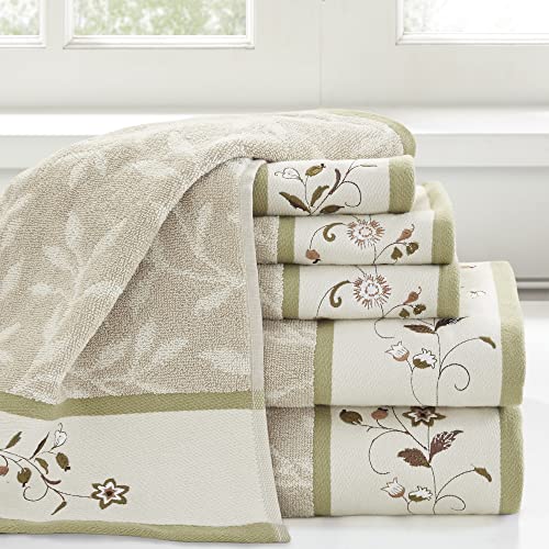 Madison Park Serene 100% Cotton Bath Towel Set Luxurious Floral Embroidered Cotton Jacquard Design, Soft And Highly Absorbent For Shower, Multi-Sizes, Green 6 Piece #TOP1