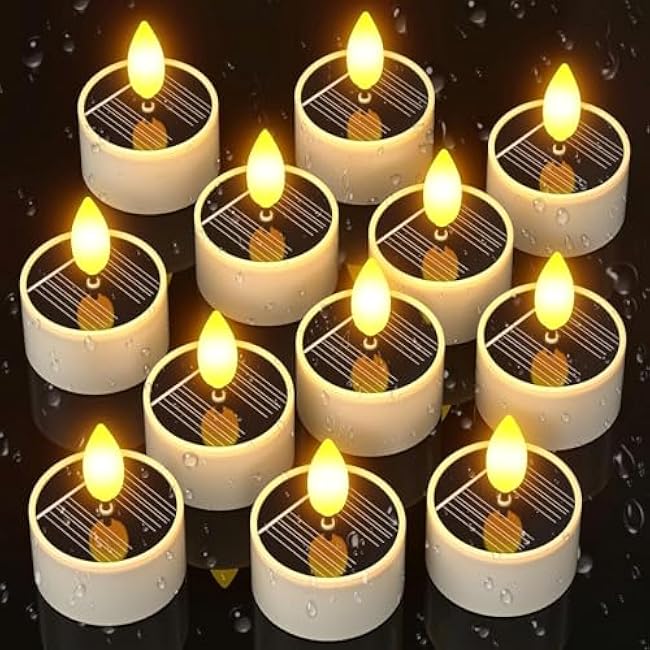 SoulBay Solar Tea Lights Outdoor Waterproof, 12 pcs 1.5 D x 2.1 Reusable Dusk to Dawn Flickering Small LED Tealight Candles, Flameless Votive Candle for Lanterns Patio Garden Camping D¨¦cor