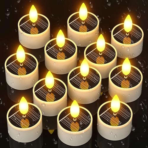 SoulBay Velas solares de té para exteriores, 12 velas pequeñas de 1.5 pulgadas de profundidad x 2.1 pulgadas de alto, impermeables, parpadeantes, se encienden automáticamente por la noche, vela de
