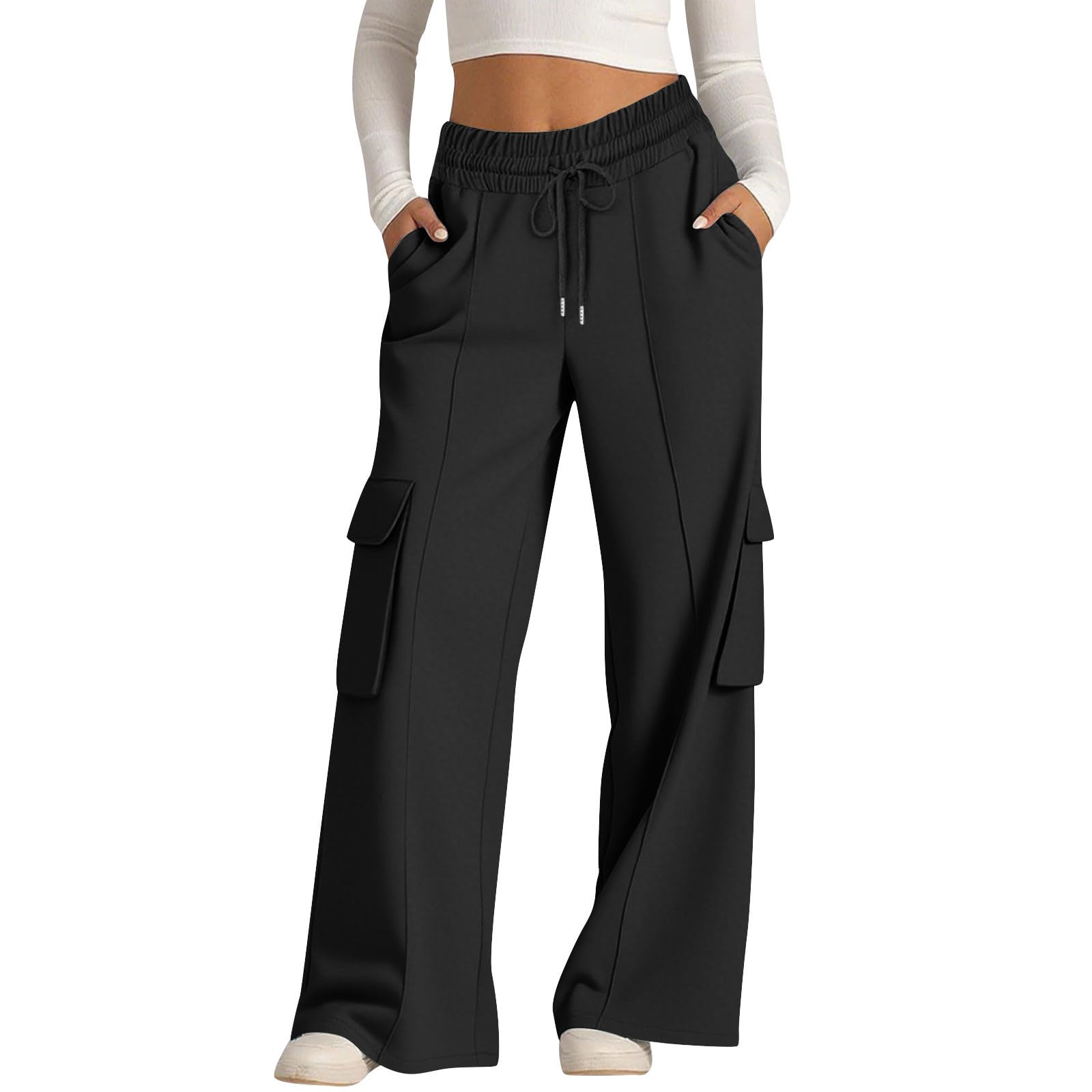 Womens Cargo Sweatpants Baggy Wide Leg Pants Drawstring High Waist Lounge Soft Comfy Palazzo Joggers with Pockets