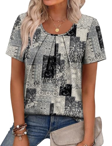 Image of WIHOLL Women T Shirts Pleated Short Sleeve Tops Business Casual Dressy Blouses