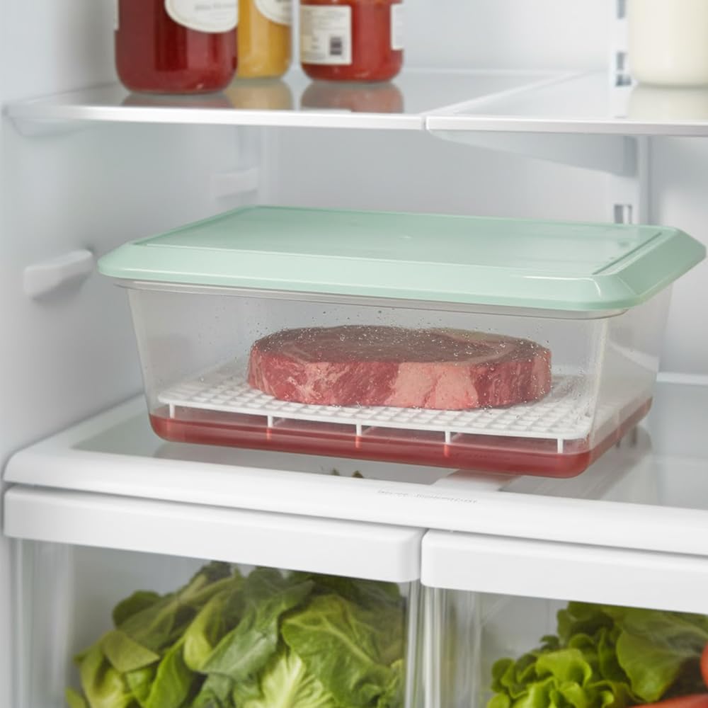 Pack 6 Bandejas Descongelar Alimentos 6,5L Tapa Verde y Rejilla Antigoteo | 36 x 24 x 12,5cm. Sin BPA. Recipiente para descongelación más higiénica. Ideal cocinas, restaurantes, hostelería y cátering