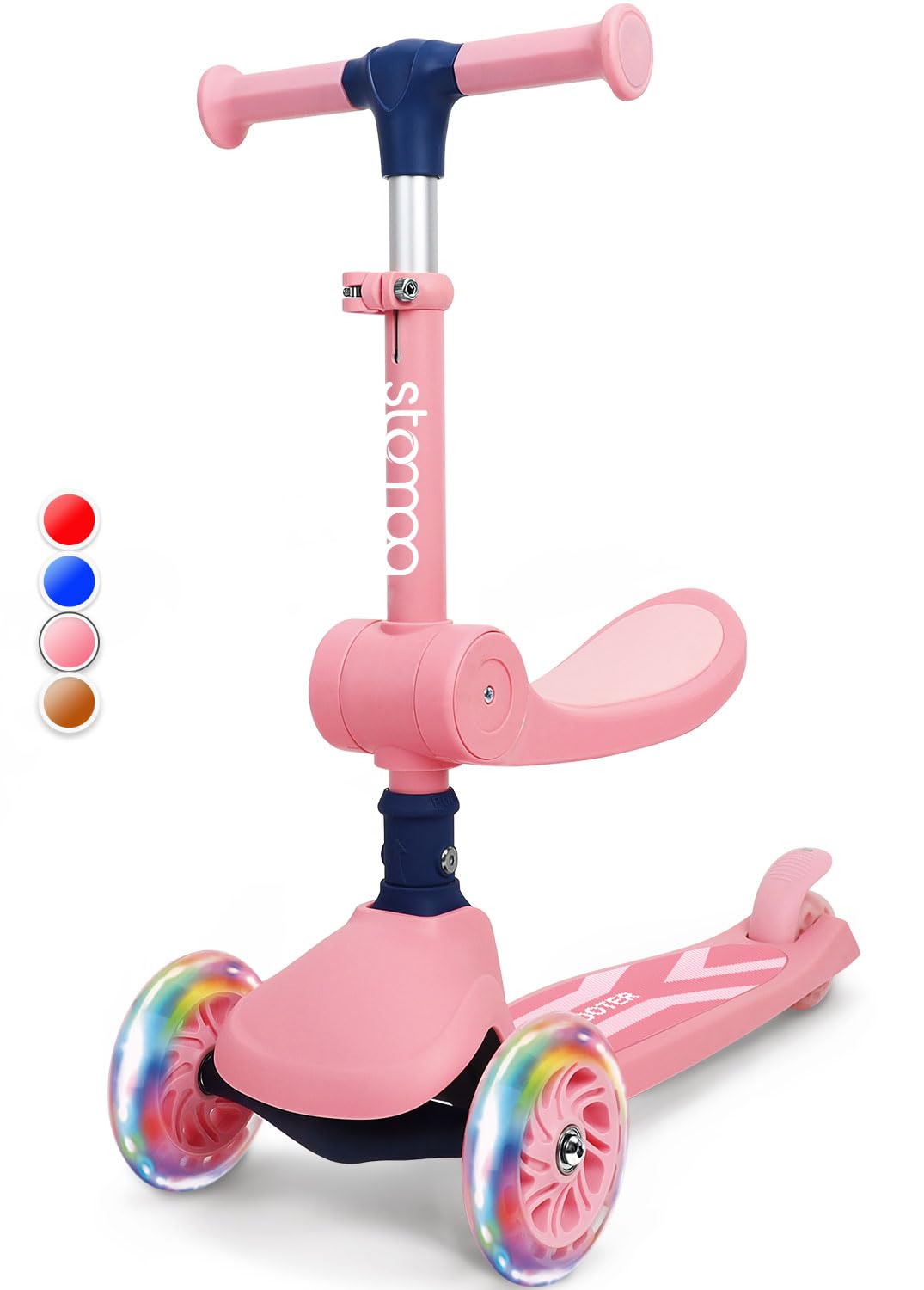 Stompa Kids Scooter for 2 Year Old | Toddler Scooter 2-in-1 with Seat | 3 Wheel Kick Scooters Boy Girl | LED Light Up Wheels, Adjustable Height, Foldable, Lean to Steer, Max 50KG