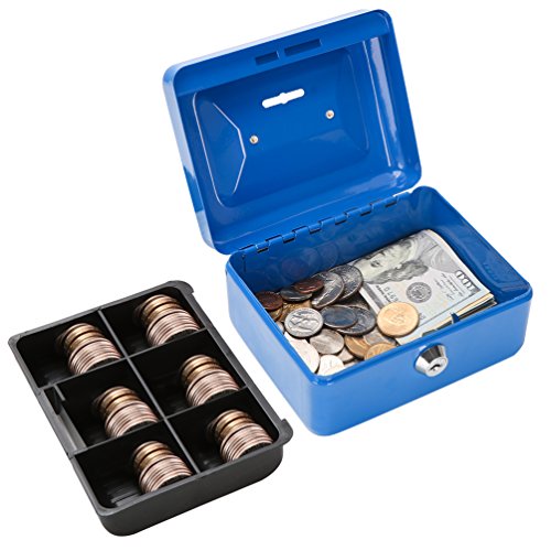 Cash Box with Slot for Kids, Decaller Small Money Box with Money Tray & Key Lock, 6 1/5" x 5" x 3", Blue, QH1507XS - Thumbnail 2