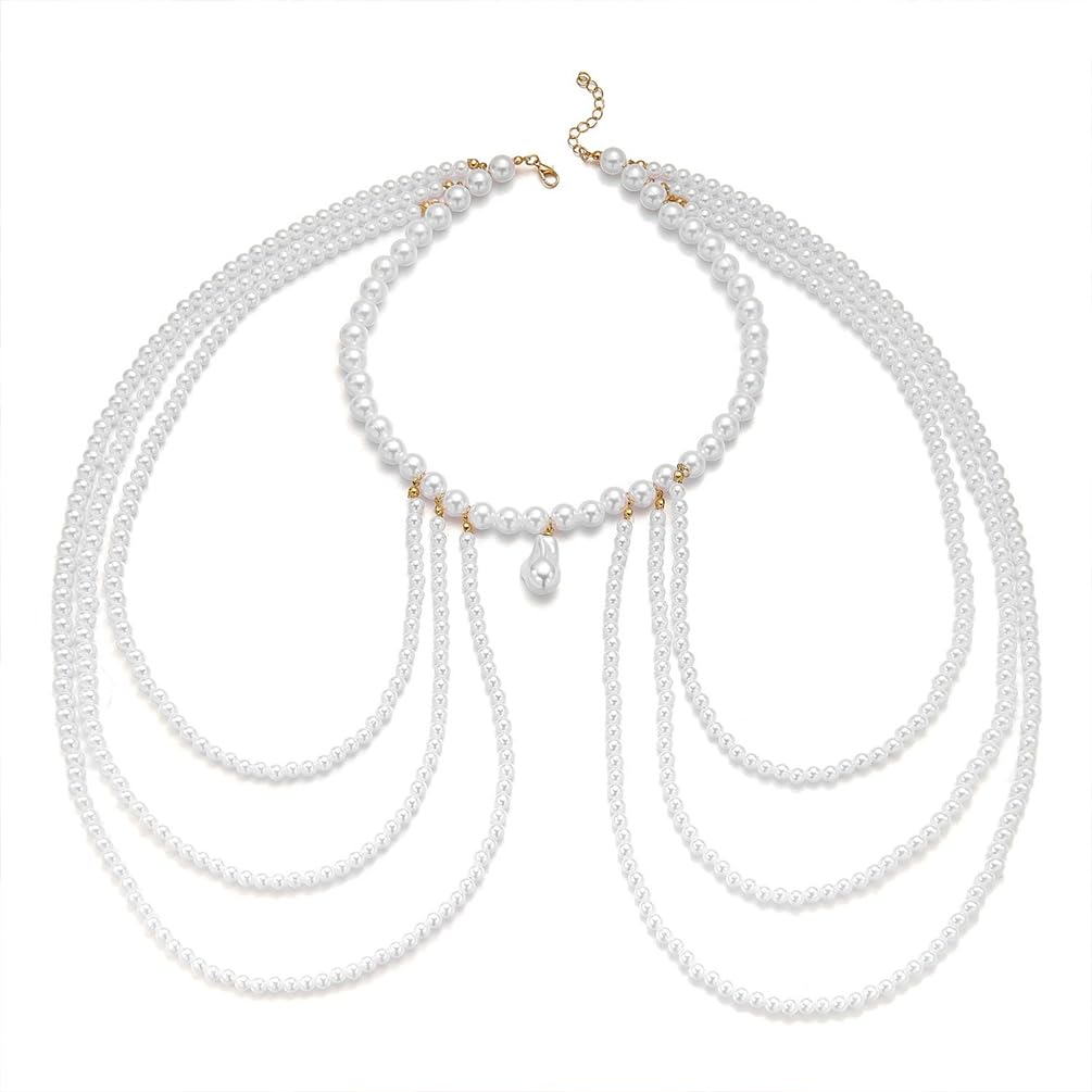 White Beaded Pearl Body Jewelry for Women, Bold Baroque Pearl Pendant Faux Pearls Capelet Chain Trendy Delicate Party Prom Bohemia Charm Jewelrys Gift-image-21