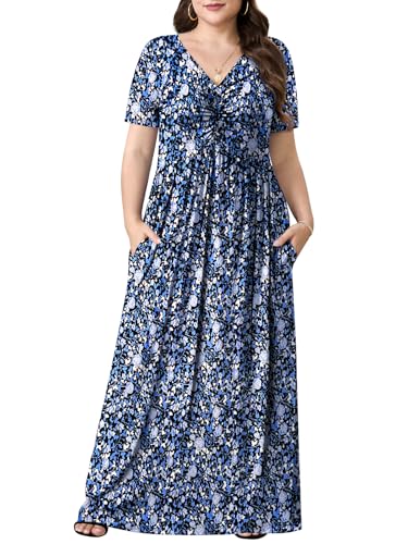 Image of PEVRL Plus Size Summer Maxi Dress for Curvy Women with Pockets 1X-5X | Short Sleeve, Twisted Front V-Neck, Summer Casual A Line Flowy Dress, Empire Waist Floral Print Beach Vacation Long Dress
