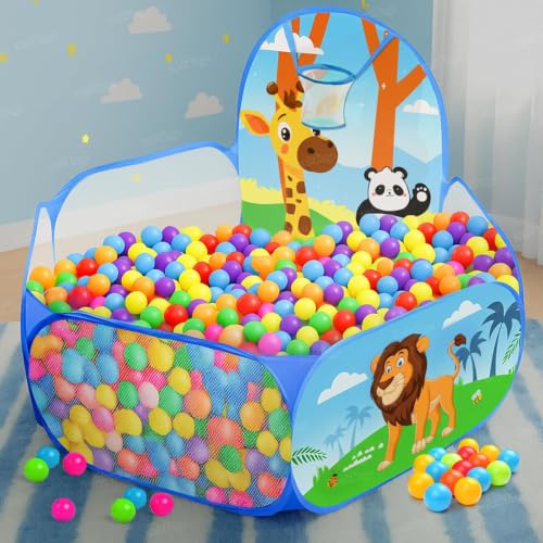 Image of Zest 4 Toyz Ball Pool for Kids Play Pit with Fun Animal Design Indoor and Outdoor Playpen with Basketball Hoop Foldable Play Pool for Boys and Girls (30 Balls Included) Jungle Themed (Extra Large)