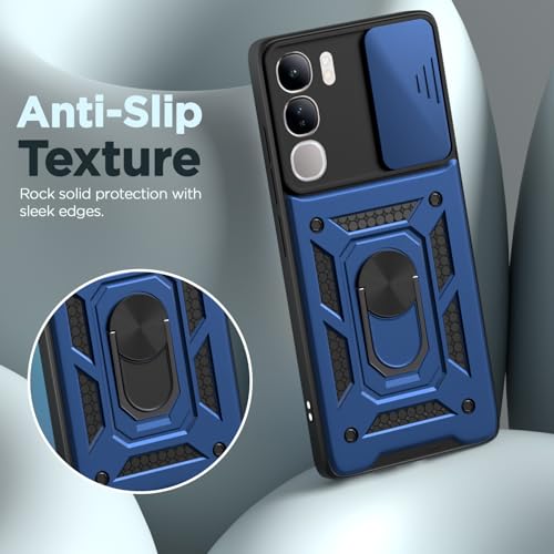 Image of Pikkme Back Cover for Vivo Y300 5G / Vivo V40 Lite 5G | D10 Tough Armor | 360 Protection Case | Sliding Camera Shield Cover & Ring Holder Stand Bumper Case (Blue)