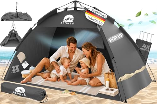 ELONEO Pop Up Strandmuschel UV Schutz 50+ | Strandzelt 190x100x110 cm | Leichter Aufbau und kleines Packmaß inkl. Tragetasche | Strand Sonnenschutz & Windschutz für Babys und Erwachsene