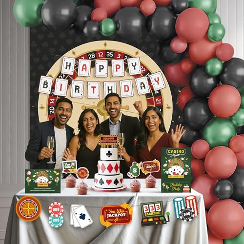Image of Just Party Casino Theme Party Decoration - 100 pcs Happy Birthday Decoration Kit for Adults | Vegas Theme Birthday Decoration Items for Boys & Girls|Includes Balloons, Backdrop Curtain, Props, Banners