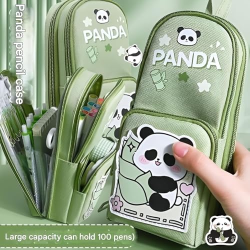 Image of Canvas School Bag Pencil Case, 3 Layer 6 Compartment Large Capacity, Aesthetic Pencil Pouch for Stationary, Cute Stationery for Kids, Pencil Case for Girls & Boys (Green)