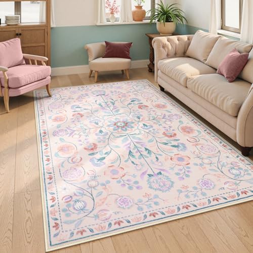 Anidaroel 5×7 Area Rugs for Living Room, Washable Pink Floral Rugs for Bedroom Girls, Soft Boho Nursery Rugs for Kids Playroom, Non Slip Low Pile Indoor Carpet for Bedside Dorm, Pink/Multi