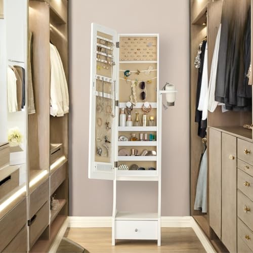 LUXFURNI - Armario con luz led para joyas, espejo de pie de cuerpo entero para maquillaje, con cerradura, organizador grande para almacenamiento de maquillaje, con cajón, color blanco