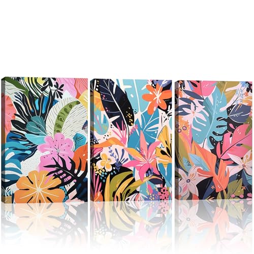 Framed 3Pcs Tropical Floral Wall Art Colorful Canvas Prints with Tropical Plants and Flowers Abstract Blue Botanical Picture Painting Wall Decor for Living Room Bathroom Gallery Office 12'x16'