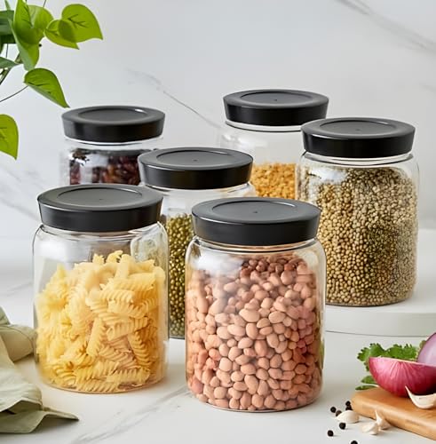 Image of Airtight Kitchen Container & Jar Dibba Set of 6 with Black Lid | Multipurpose Plastic Pantry Organizer Jars | Masala & Spice Box for Grocery, Dry Fruits, Snacks & More (500 ML)