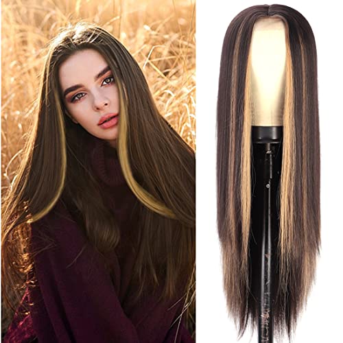 Lange Gerade Dunkelbraune Perücke Für Damen ATAYOU Braun Mixed Blonde Perücke Blond Highlight Small Lace Front Wig (Blond Highlight@595) Cover
