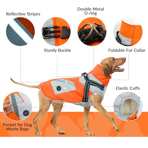 Hundemantel Winter, Winterjacke Hund mit Geschirr Hunderegenmantel Winter Hundepullover Fleece Hundemantel Wasserdicht Warm(Orange, M)