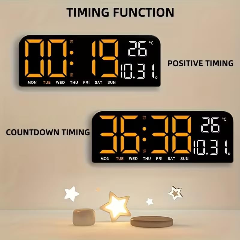 Image of EASEPRES Digital Wall & Table Clock with Dimmable LED Display (4 Levels), Dual Alarm, Temperature, Date & Day, Countdown Timer | Plug-in Modern Wall Clock for Home, Living Room & Office (Orange,10 inch)