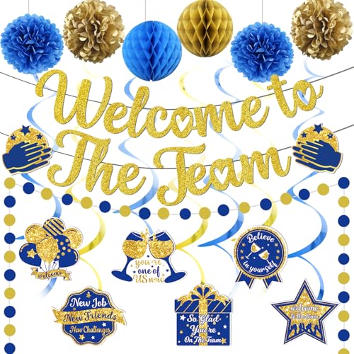 Welcome To The Team Banner Gold, Welcome Banner Circle Dots Garland Hanging Swirls Paper Flowers Honeycomb Balls, Welcom e Decorations for Employee Office Teacher Colleague Staff