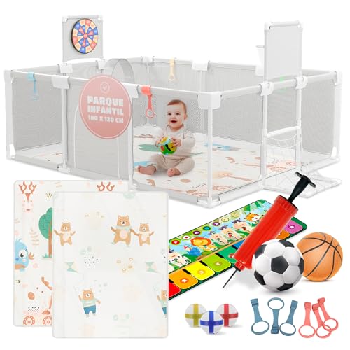 Parque Infantil Bebe 120x180cm - Corralito Bebe Acolchado - Equipado con alfombra musical, Diana de Velcro, Canasta, Portería y más accesorios - Parque para Bebes Seguro - Ver video para el montaje