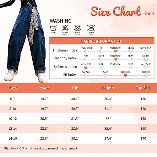 Rolanko Girls Cargo Pants High Waist Baggy Wide Leg Denim Jeans Pants Y2K Kids Casual Loose Trousers (Blue Denim, 8-10) #TOP5