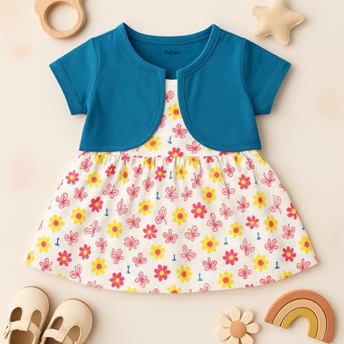 Image of Kidbea Baby Girls' Floral A-Line Frock with Shrug | Cotton Casual Wear, Printed Dress for Infant Kids (Yellow, 12-18 Months)