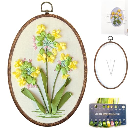Image of FONNUY Ribbon Embroidery 3D Flowers Pattern Design Kit Embroidery DIY Handwork Set Oval Home Decoration (Yellow Camellia)