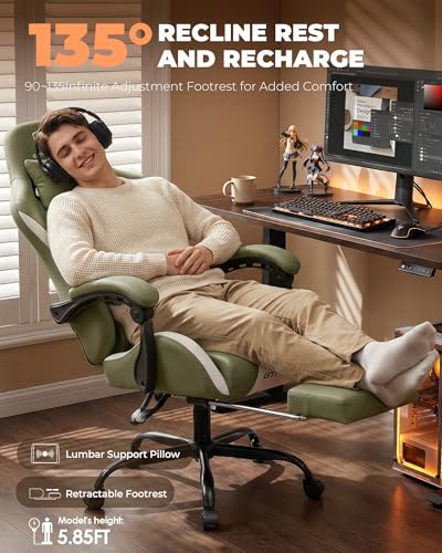 Image of GTPLAYER Gaming Chair with Foot Rest & Pocket Spring Cushion, Ergonomic High Back Computer Desk Chair with Headrest & Lumbar Support for Back Pain Relief, Breathable Fabric, Green