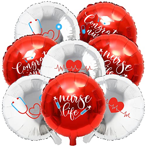 Whaline 24 Pcs Nurse Graduation Balloons Set Congrats Nurse Party Balloons 18 Inch Red Silver Foil Balloon for Graduation Party Supplies Home School Backdrop Decorations