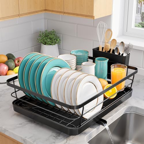Stainless Steel Dish Drying Rack for Kitchen Counter, Sink Organization and Storage Essentials with Silverware & Utensil Holder, Home and Apartment Decor, 12''W x 15.6''L, Black