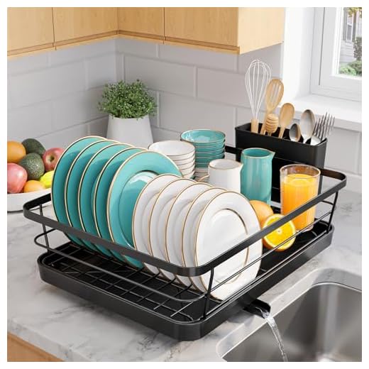 Sakugi Stainless Steel Dish Drying Rack for Kitchen Counter, Sink Organization and Storage Essentials with Silverware & Utensil Holder, Home and Apartment Decor, 12''W x 15.6''L, Black