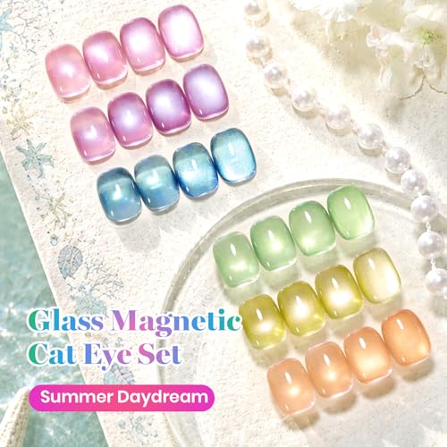 Image of Beetles Cat Eye Gel Nail Polish Set - Summer Daydream 6 Colors 15ML Full Size Summer Gel Polish Kit Glitter Pink Purple Blue Orange Blue Green Magnetic Effect Soak Off UV Nail Art DIY at Home