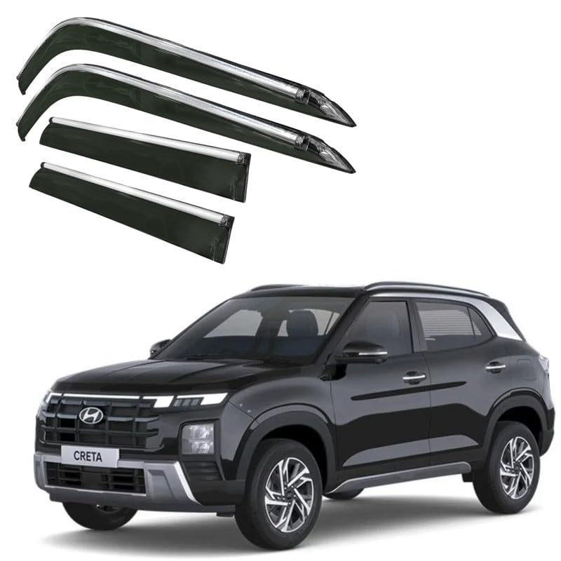 Image of CAR SAAZ Side Door Visors for Creta 2024 (Set of 4Pcs)|Chrome Lined Rain Guards, Polycarbonate, Smoke Finish
