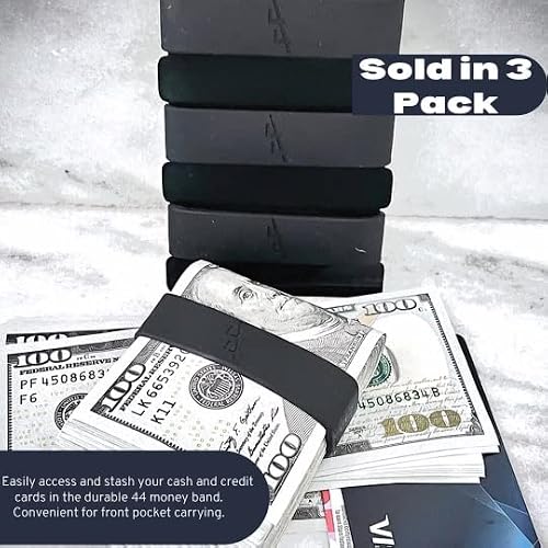 44 Rubber Silicone Money Bands for Cash & Cards (3), Wallet Money Clip Alternative (Black)
