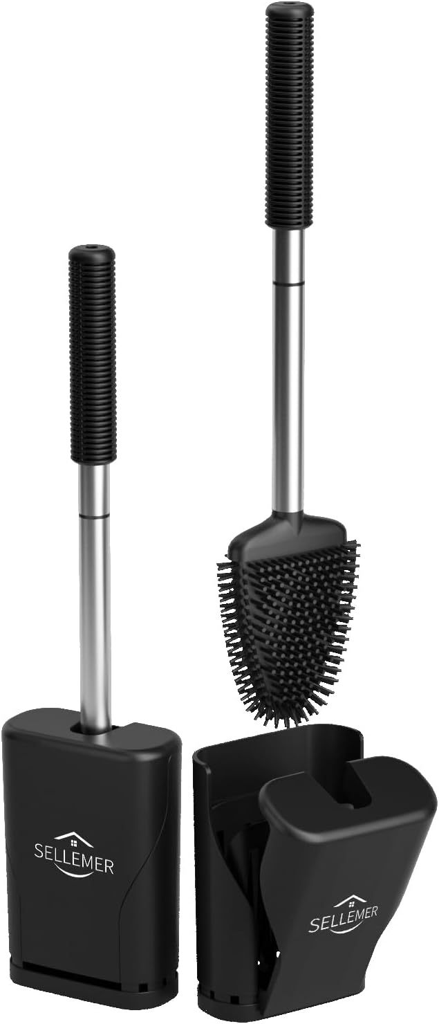 Upgraded Ventilation Design Toilet Brush - 2 Pack Sellemer Toilet Brush and Holder Set with Silicone Bristles to Easily Clean Dead Corners, Compact Size for Storage and Space Saving, Black