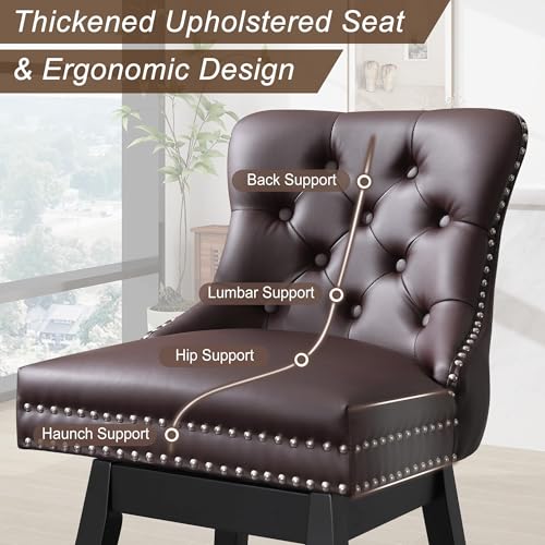 Image of Brown Leather Swivel Bar Stools Set of 4 with Back, 26 Inch Counter Height Chairs, Solid Wood Legs, Tufted Seat, Comfortable and Stylish for Kitchen, Island, Home Bar(Brown, 4 Pack, 26 inch H)