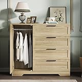 GarveeHome Wood Armoire Wardrobe Closet with 4 Drawers and Door, 43.3 in H Bedroom Wardrobe Cabinet with Hanging Rod, Clothing Storage Cabinets, 4 Drawers Dresser with Storage Closet, Natural Oak