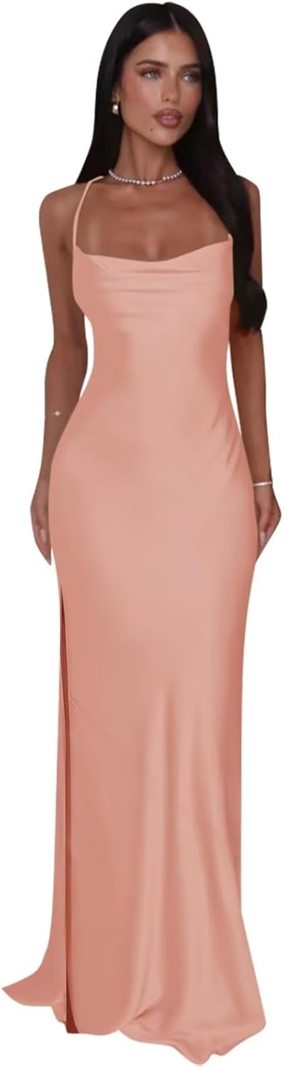 Long Satin Bridesmaid Dresses for Women Spaghetti Straps Corset Formal Evening Party Gowns with Slit