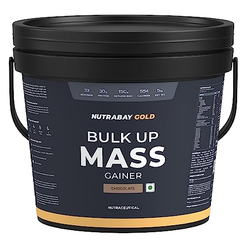 Image of Nutrabay Gold Bulk Up Mass Gainer Powder - 5kg, Chocolate | 30g Protein, 104g Carbs, 554 Calories | Easy to Digest | 100% Veg Muscle Building & Weight Gainer Supplement for Men & Women