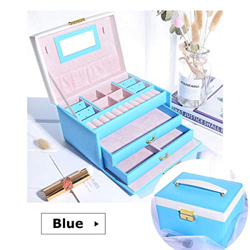 TuToy 6 Colori Tre Strati Pu Gioielli In Pelle Imballaggio Scatola Con Specchio Storage Organizer Custodia Per Il Trasporto - Azzurro
