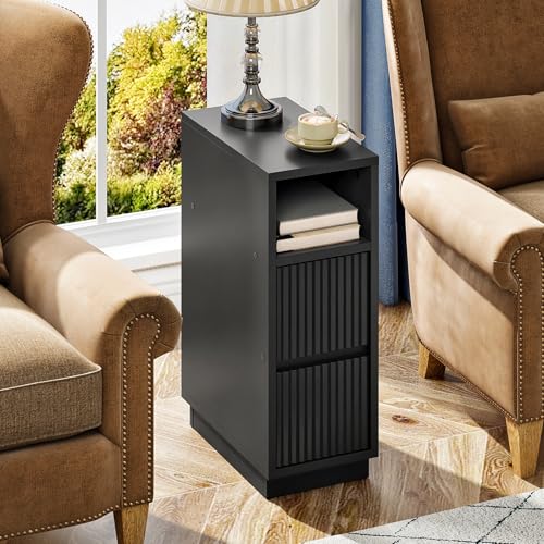 CHOEZON 8.7 Narrow Fluted Nightstand Small Bedside Table with Drawers Skinny Side Table Modern Nightstand with 1 Semi-Open Shelf Floating End Table for Living Room Bedroom Black MBZ12BB