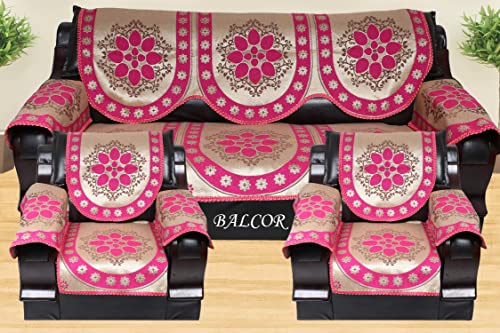 Image of Cotton 12 PCs Design DECAN Sofa Cover with Handle Cover Set of 5 Seater(3+1+1+6)-Pink