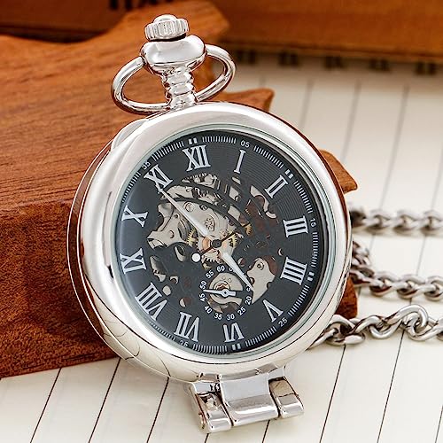 Image of Transparent Cover Mechanical Pocket Watch for Men Vintage Skeleton Dial Clock Hand Wind Male Fob Chain Watches(Silver)
