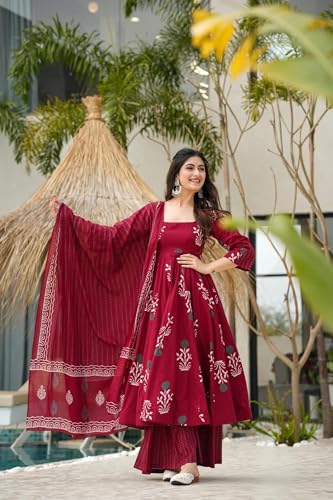 Image of ANNI Designer Women's Rayon Blend Anarkali Printed Kurta with Pant & Dupatta | Ethnic Kurta Pant Dupatta Set for Women | Traditional Indian Wear Outfit